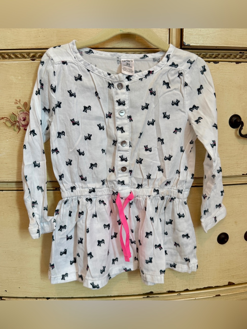 Carter's White Long-Sleeve Dress with Black Dog Print and Pink Tie